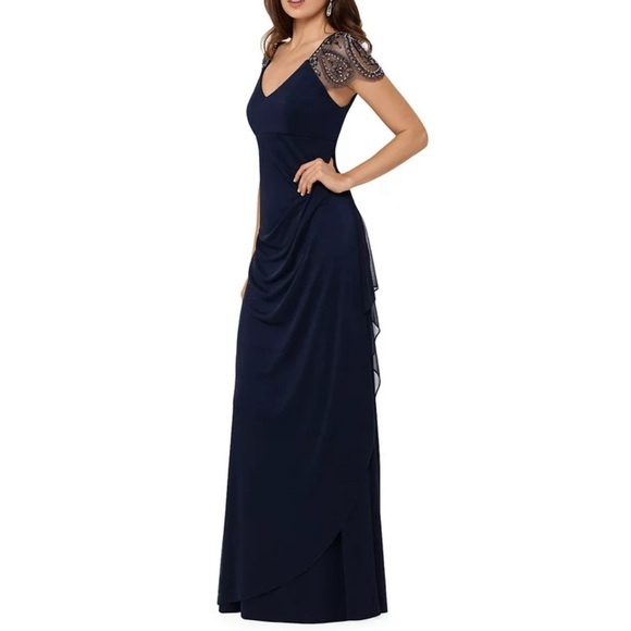 XSCAPE Beaded Cap Sleeve Navy Gown Size 8 - Picture 1 of 9